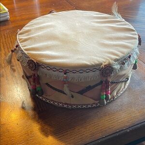 Decorative Beige Drum with Tassels 
(for Native American Doll Setup)